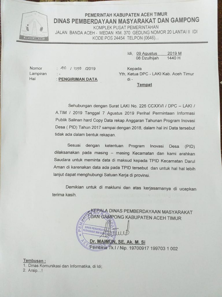 Dinas DPMG Aceh Timur Langgar UU KIP No 14/2008
