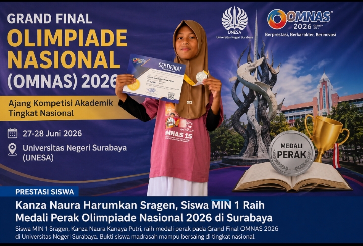 Kanza Naura Harumkan Sragen, Siswa MIN 1 Raih Medali Perak Olimpiade Nasional 2026 di Surabaya