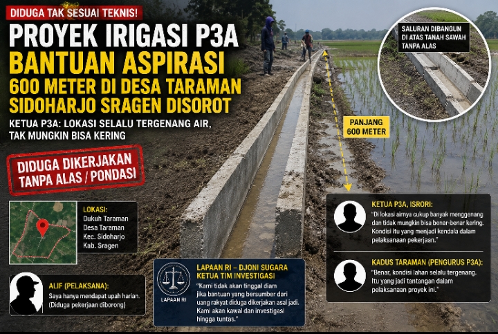 Proyek Irigasi P3A Desa Taraman Sidoharjo Diduga Bermasalah, LAPAAN RI: Jangan Main-Main dengan Uang Rakyat
