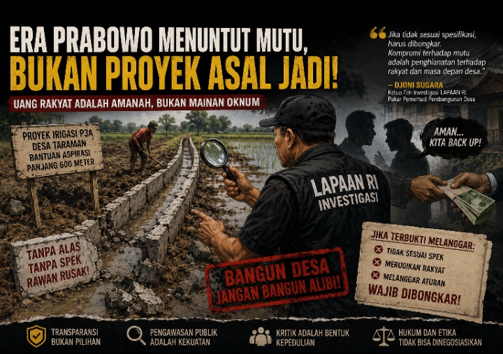 Era Prabowo Menuntut Mutu, Bukan Proyek Asal Jadi Apalagi Jika Ada Oknum Yang Memback Up