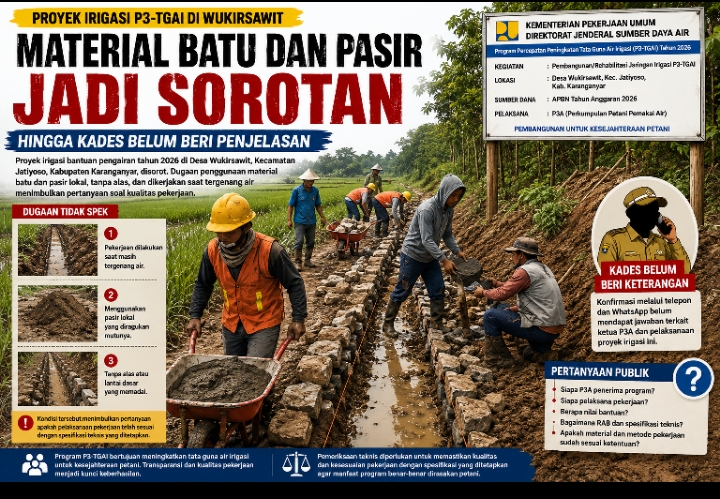 Proyek Irigasi P3-TGAI di Wukirsawit Disorot, Material Batu dan Pasir Jadi Sorotan hingga Kades Belum Beri Penjelasan